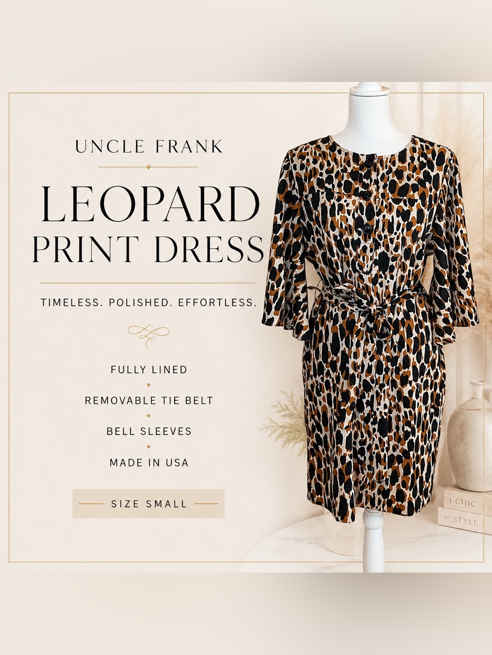 Uncle Frank Leopard Print Belted‎ Dress Small Lined Bell Sleeve Animal Print